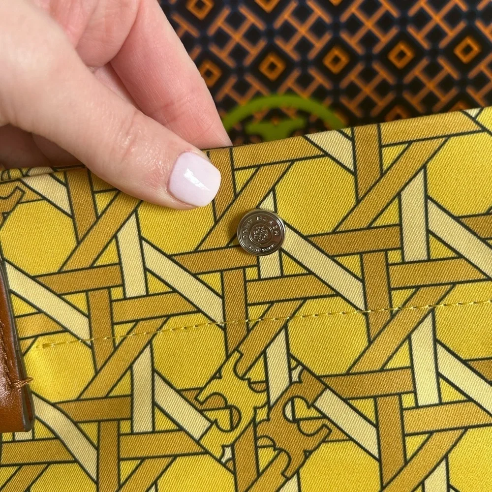 Tory Burch Canvas Basketweave Tote Bag Saffron Basketweave Gold Yellow Brown